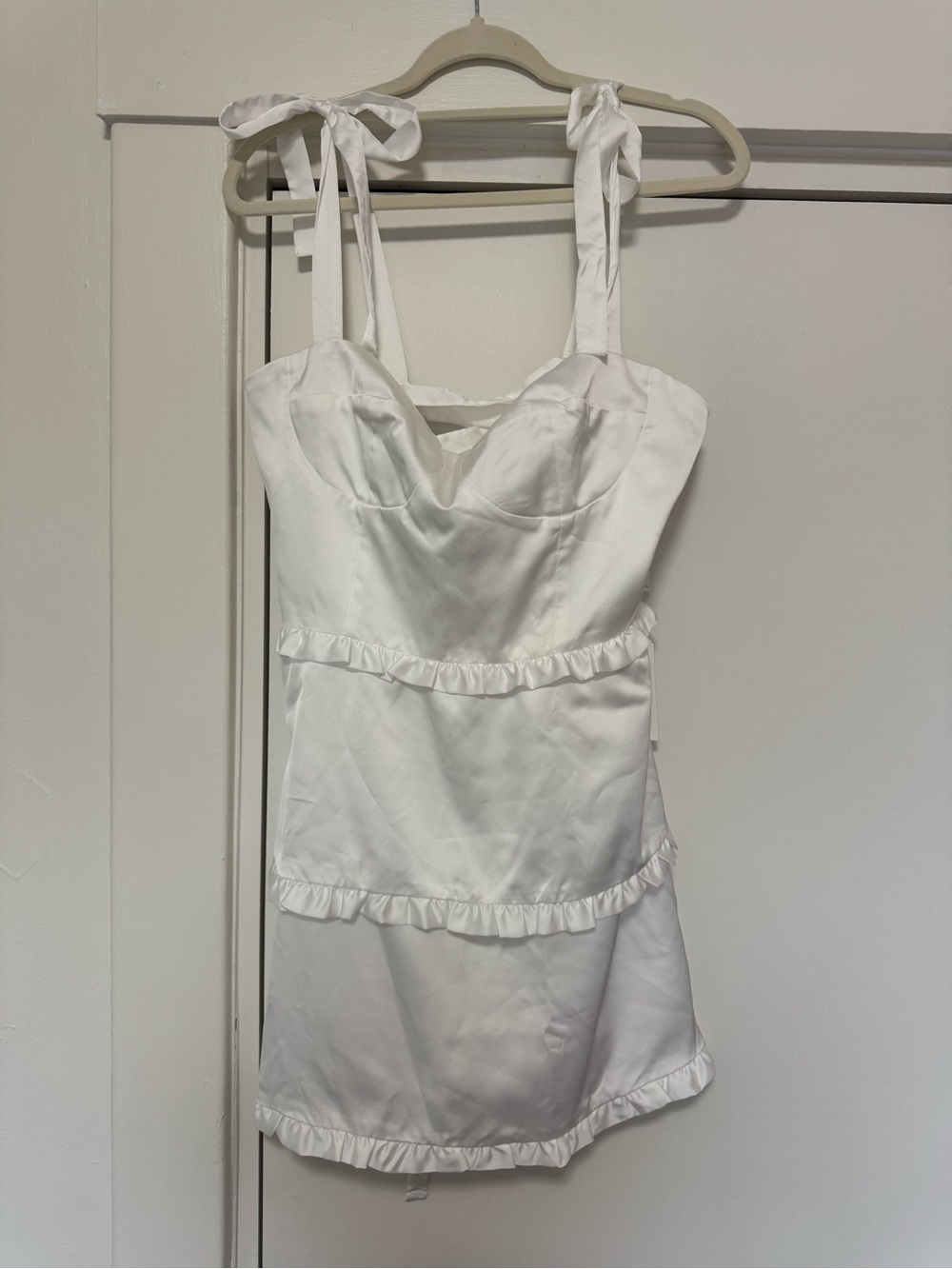 Show Me Your MuMu Lady Corset Mini Dress - Ivory Luxe Satin Ruffle